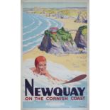 Poster BR(W) NEWQUAY ON THE CORNISH COAST by Harry Riley. Double Royal 25in x 40in. In good
