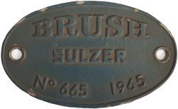 Worksplate BRUSH SULZER No 665 1965 ex British Railways Diesel Class 47 numbered D1903 and 47227