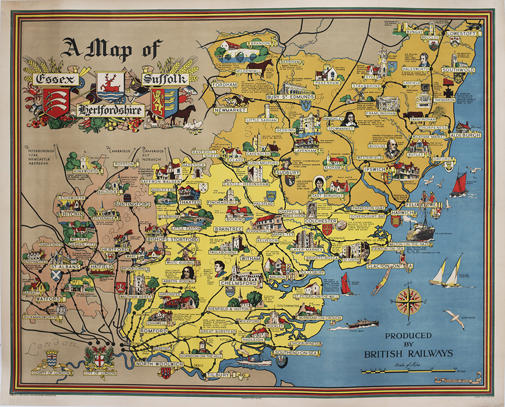 Poster BR(E) A MAP OF ESSEX HERTFORDSHIRE AND SUFFOLK. Quad Royal 50in x 40in. In excellent