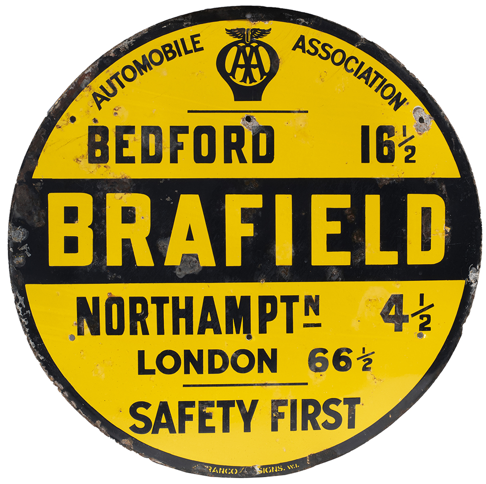 Motoring enamel sign AA BRAFIELD BEDFORD 16.5 NORTHAMPTN 4.5 LONDON 66.