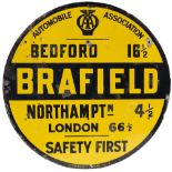 Motoring enamel sign AA BRAFIELD BEDFORD 16.5 NORTHAMPTN 4.5 LONDON 66.5 SAFETY FIRST.. In good