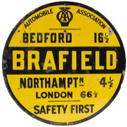 Motoring enamel sign AA BRAFIELD BEDFORD 16.5 NORTHAMPTN 4.5 LONDON 66.5 SAFETY FIRST.. In good