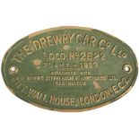 Worksplate THE DREWRY CAR CO LTD CITY WALL HOUSE LONDON EC2 ASSOCIATED WITH ROBERT STEPHENSON &