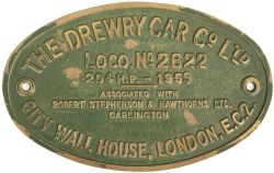 Worksplate THE DREWRY CAR CO LTD CITY WALL HOUSE LONDON EC2 ASSOCIATED WITH ROBERT STEPHENSON &