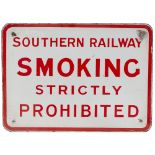 SR enamel sign SOUTHERN RAILWAY SMOKING STRICTLY PROHIBITED. In very good condition with some