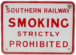 SR enamel sign SOUTHERN RAILWAY SMOKING STRICTLY PROHIBITED. In very good condition with some