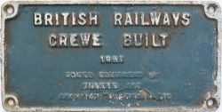 Worksplate BRITISH RAILWAYS CREWE BUILT 1961 POWER EQUIPMENT BY SULZER AND CROMPTON PARKINSON LTD ex