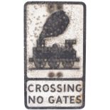 Road motoring sign CROSSING NO GATES with an 0-6-0 locomotive and all glass bead reflectors