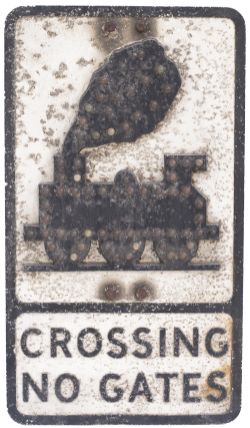 Road motoring sign CROSSING NO GATES with an 0-6-0 locomotive and all glass bead reflectors