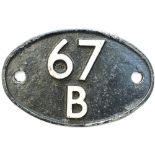 Shedplate 67B Hurlford 1950-1966 with sub sheds Beith and Muirkirk to 1964. In lightly cleaned