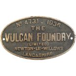 Worksplate THE VULCAN FOUNDRY (LIMITED) NEWTON-LE-WILLOWS LANCASHIRE No 4731 1936 ex Stanier Class