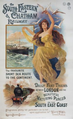 Poster SE&CR THE SOUTH EASTERN & CHATHAM RAILWAY THE FAVOURITE SHORT SEA ROUTE TO THE CONTINENT