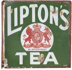 Advertising enamel sign LIPTON'S TEA. Double sided with wall mounting flange. In good condition,