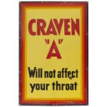 Advertising enamel sign CRAVEN A WILL NOT AFFECT YOUR THROAT measuring 36in x 24in. In good