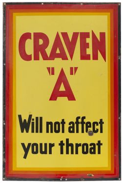 Advertising enamel sign CRAVEN A WILL NOT AFFECT YOUR THROAT measuring 36in x 24in. In good