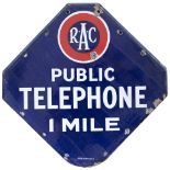 Motoring enamel sign RAC PUBLIC TELEPHONE 1 MILE. In very good condition with minor chipping.