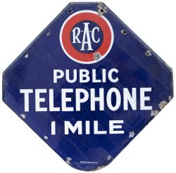 Motoring enamel sign RAC PUBLIC TELEPHONE 1 MILE. In very good condition with minor chipping.