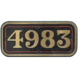 Great Western Railway brass cabside numberplate 4983 ex Collett Hall Class 4-6-0 built at Swindon in