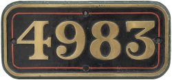 Great Western Railway brass cabside numberplate 4983 ex Collett Hall Class 4-6-0 built at Swindon in