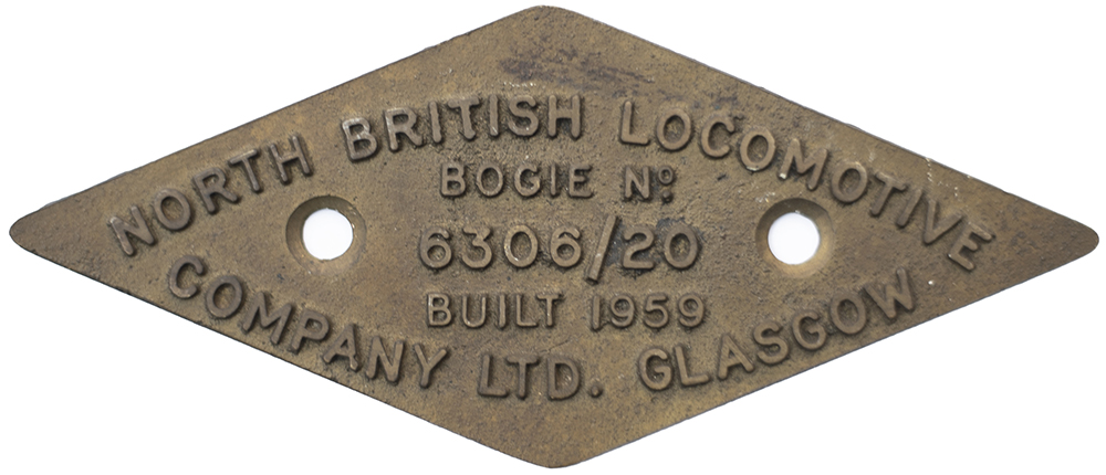 Diesel Bogie plate NORTH BRITISH LOCOMOTIVE COMPANY LTD GLASGOW BOGIE No 6306/20 BUILT 1959 ex Class