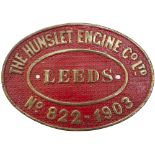 Worksplate THE HUNSLET ENGINE Co LTD LEEDS No 822 1903 ex Quarry Hunslet, Alice Class 0-4-0 ST 1foot