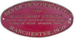 Worksplate BEYER PEACOCK & CO LTD MANCHESTER 1950 BEYER-GARRATT-LOCOMOTIVE 7342 from Queensland (