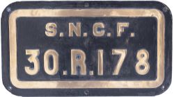 SNCF brass tenderplate SNCF 30R 178 ex SNCF 141R 2-8-2. Rectangular cast brass, face restored,