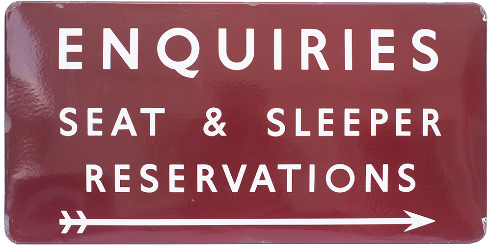 BR(M) FF enamel railway sign ENQUIRIES SEAT & SLEEPER RESERVATIONS with right facing arrow. In
