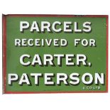Advertising enamel sign PARCELS RECEIVED FOR CARTER, PATTERSON & CO LTD. Double sided with wall