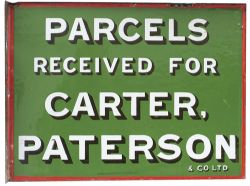 Advertising enamel sign PARCELS RECEIVED FOR CARTER, PATTERSON & CO LTD. Double sided with wall