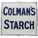 Advertising enamel sign COLMAN'S STARCH measuring 38in x 36in. In good condition with a few chips