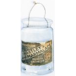 Advertising glass sign HARTLEYS AINTREE MARMALADE, moulded glass in the shape of a jam jar with an