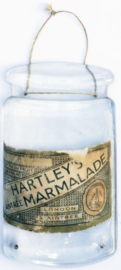 Advertising glass sign HARTLEYS AINTREE MARMALADE, moulded glass in the shape of a jam jar with an