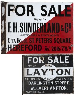 Advertising enamel Estate Agents signs x2; FOR SALE APPLY JOHN LAYTON & SON DARLINGTON STREET