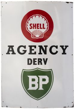 Advertising enamel sign SHELL AGENCY DERV BP measuring 27in x 39in. In excellent condition.
