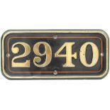GWR brass cabside numberplate 2940 ex Churchward Saint Class 4-6-0 named Dorney Court. In nicely