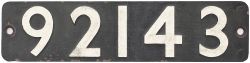 Smokebox numberplate 92143 ex British Railways Riddles 9F 2-10-0 built at Crewe in 1957. Allocated