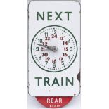 BR(S) FF enamel Departure time clock NEXT TRAIN with a central clock having geared hands to set