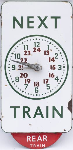 BR(S) FF enamel Departure time clock NEXT TRAIN with a central clock having geared hands to set