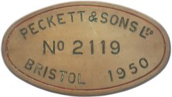 Worksplate PECKETT & SONS LTD BRISTOL No 2119 1950 ex W7 0-4-0 ST built to standard gauge and