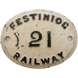 Festiniog Railway wagonplate number 21. Oval cast iron, in restored condition, measures 10in x 7.