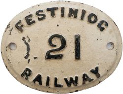 Festiniog Railway wagonplate number 21. Oval cast iron, in restored condition, measures 10in x 7.