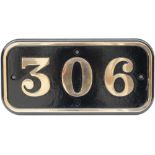 GWR brass cabside numberplate 306 ex Taff Vale Railway Cameron A Class 0-6-2 T built by the Vulcan