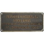 Diesel worksplate THE ENGLISH ELECTRIC CO LTD VULCAN WORKS NEWTON-LE-WILLOWS ENGLAND No 3673/