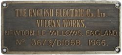 Diesel worksplate THE ENGLISH ELECTRIC CO LTD VULCAN WORKS NEWTON-LE-WILLOWS ENGLAND No 3673/