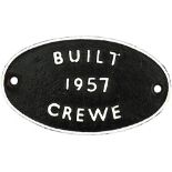 Worksplate BUILT CREWE 1957 ex British Railways Riddles 9F 2-10-0 numbered 92143. See smokebox