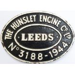 Worksplate THE HUNSLET ENGINE CO LTD LEEDS No3188 1944 ex WD 0-6-0 ST Austerity numbered WD 3188.