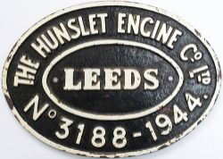Worksplate THE HUNSLET ENGINE CO LTD LEEDS No3188 1944 ex WD 0-6-0 ST Austerity numbered WD 3188.