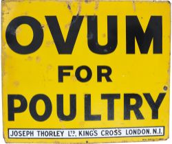 Advertising enamel sign OVUM FOR POULTRY. In good condition with some chipping, measures 32in x