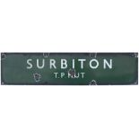 BR(S) enamel railway sign SURBITON T. P. HUT. In good condition with some chipping, measures 26in